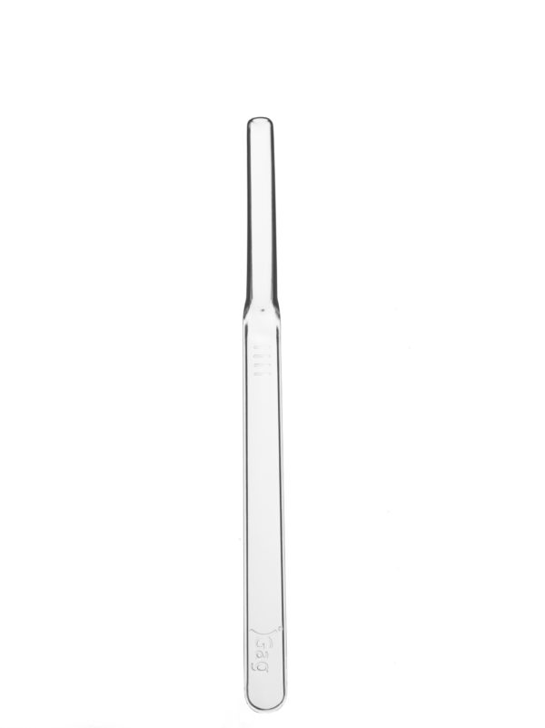 A glass tube with a white handle.