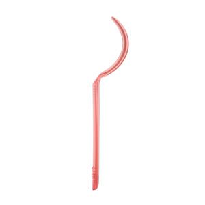A coral color plastic bent pick with a long handle.